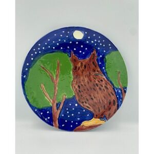 Hand Painted Ceramic Owl Night Sky Art Pottery Decorative Wall Plate Moon‎ Stars